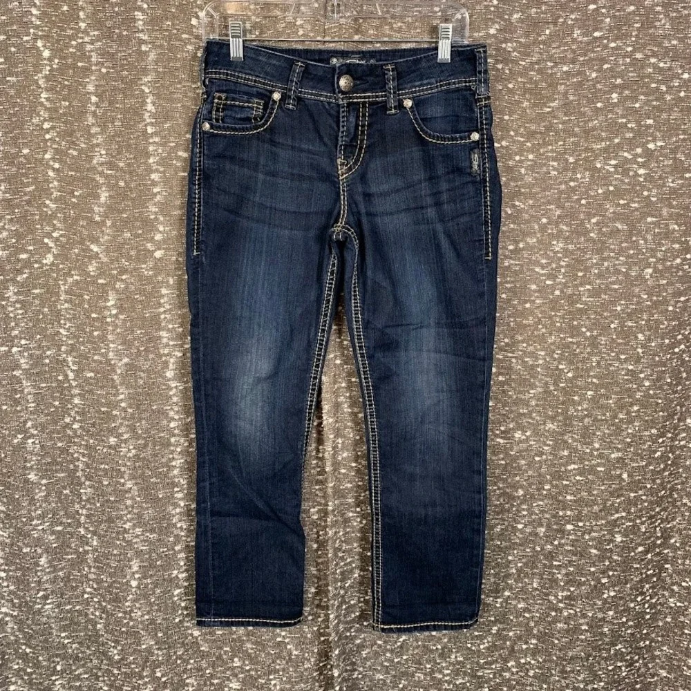 Silver Jeans Co Suki Capri Cropped Jeans Womens Dark Wash Thick Stitch Stretch